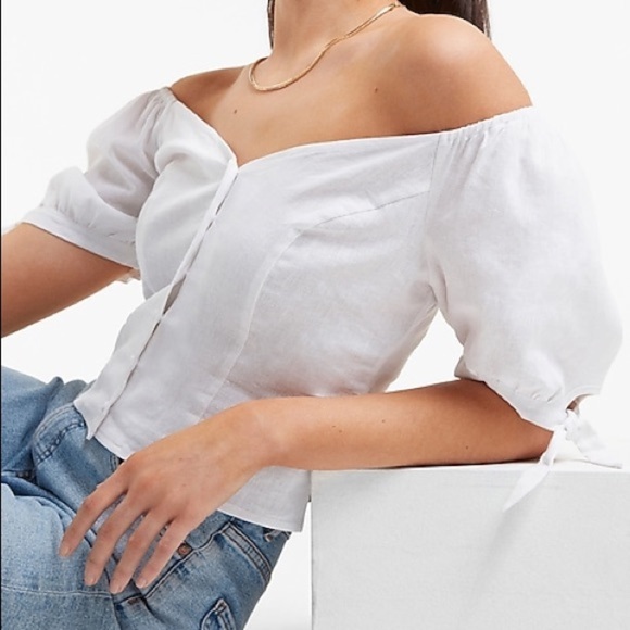 NWT - Express Beige Linen-Blend Off The Shoulder Tie Sleeve Shirt - Picture 6 of 7